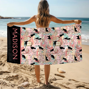 Serviette De Plage Cute Moderne Aquarelle Paris Café Chat Personnalis