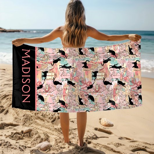 Serviette De Plage Cute Moderne Aquarelle Paris Café Chat Personnalis