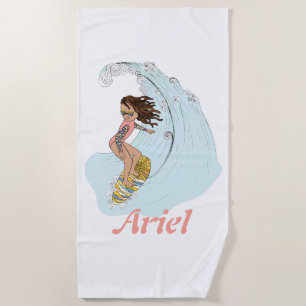 Serviette De Plage Cute Pastel Surfer Girl with Name Summer Sun