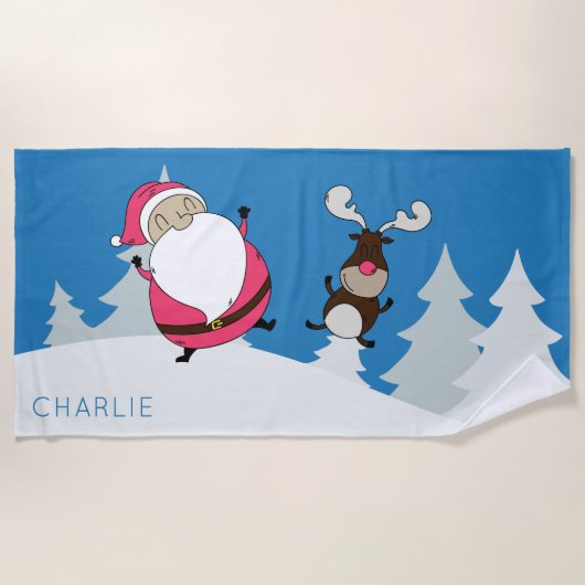 Serviette De Plage Cute Père Noël & Reindeer nom personnalisé serviet (Devant)