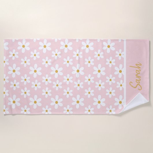 Serviette De Plage Cute Pink Daisies Custom Name Floral Personal (Devant)