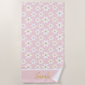 Serviette De Plage Cute Pink Daisies Custom Name Floral Personal (Devant)