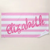 Serviette De Plage Cute Pink Striped Script Name Personalized  (Devant)