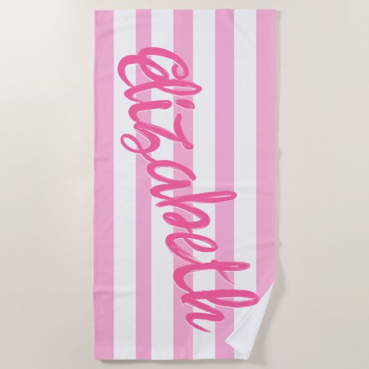 Serviette De Plage Cute Pink Striped Script Name Personalized  (Devant)