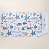 Serviette De Plage Cute Seashell Starfish Nom personnalisé (Devant)