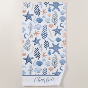 Serviette De Plage Cute Seashell Starfish Nom personnalisé