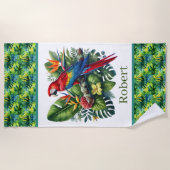 Serviette De Plage Cute tropical parrot lovers add name (Devant)