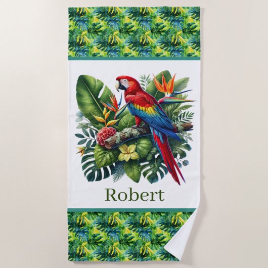 Serviette De Plage Cute tropical parrot lovers add name (Devant)