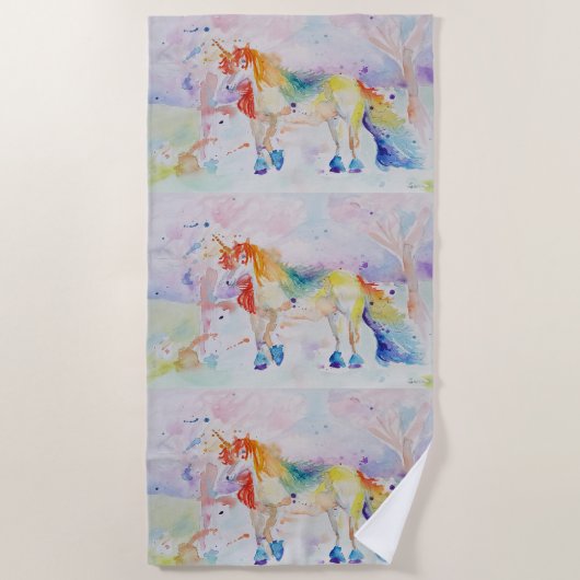 Serviette De Plage Cute Unicorn Aquarelle Girls Beach Towel (Devant)