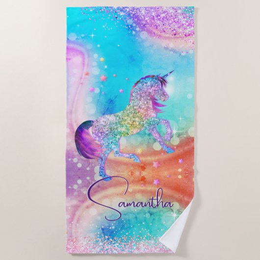 Serviette De Plage Cute unicorn rose Parties scintillant arc-en-ciel (Devant)