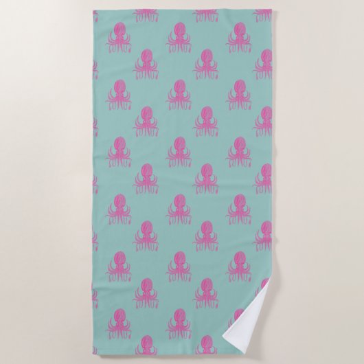 Serviette De Plage Cute Whimsical Octopus Motif Aqua bleu et rose (Devant)