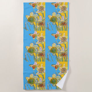 Serviette De Plage Daffodique Fleur Floral Aquarelle Bleu clair