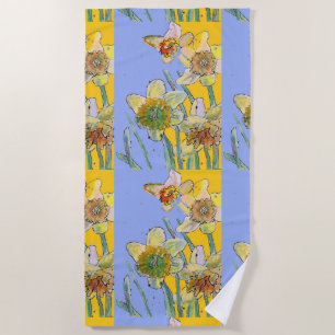 Serviette De Plage Daffodique Fleur Floral Aquarelle Lavande Jaune