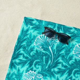 Serviette De Plage Damas de fleurs jacobées, turquoise et bleu Turquo