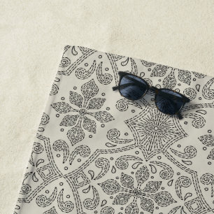 Serviette De Plage Damassé floral bohème, art linéaire noir sur beige