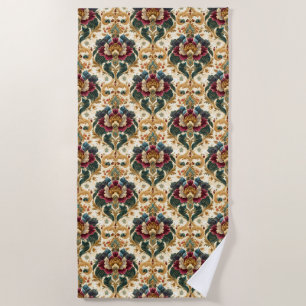 Serviette De Plage Damassé floral victorien orné en sarcelle et borde