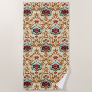 Serviette De Plage Damassé floral vintage en turquoise et burgundy