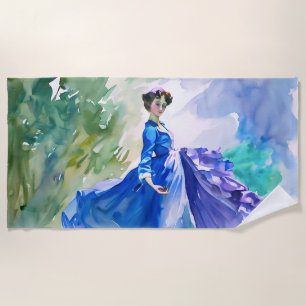 Serviette De Plage Dame en Robe Bleue - Peinture aquarelle