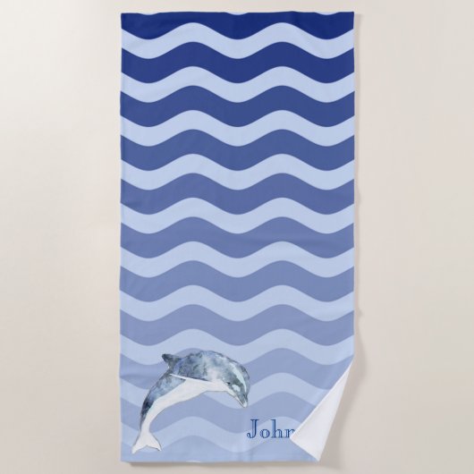 Serviette De Plage Dauphin Nautique Marine Blue Stripe Waves (Devant)
