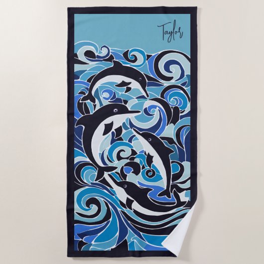 Serviette De Plage Dauphins Bleus & Vagues personnalisables (Devant)