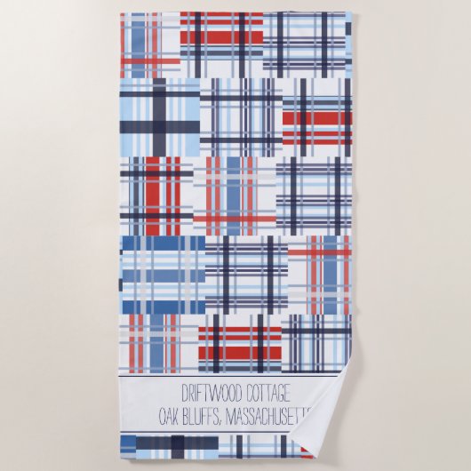 Serviette de plage de Madras rouge, blanc et bleu  (Devant)