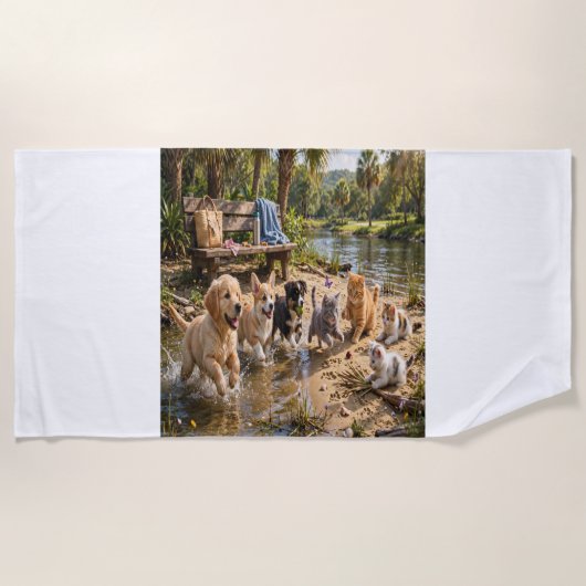 Serviette de plage de rivière avec chiots et chato (Devant)