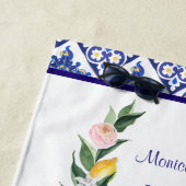 Serviette De Plage Demoiselle d'honneur Carreaux italiens bleus Lemon (En situation)