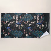 Serviette De Plage Demoiselle d'honneur élégante Paon et Fleur Noir (Devant)