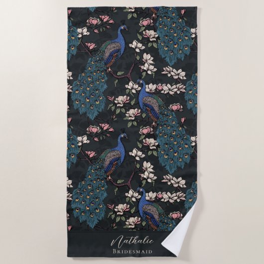 Serviette De Plage Demoiselle d'honneur élégante Paon et Fleur Noir (Devant)