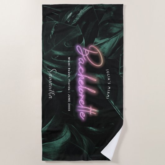 Serviette De Plage Demoiselle Tropical Palms Neon | Monogramme (Devant)