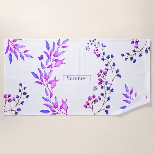 Serviette De Plage Design original de fleurs et branches violettes (Devant)