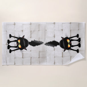 Serviette De Plage Dessin animé de chat noir drôle et féroce
