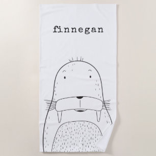 Serviette De Plage Dessin d'art de la ligne Walrus Cute Nom personnal