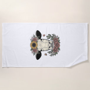 Serviette De Plage Dessin de tête de vache florale gravure vintage_1