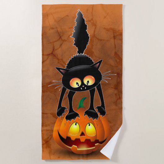 Serviette De Plage Dessin d'Halloween au chat effrayé sur Citrouille (Devant)