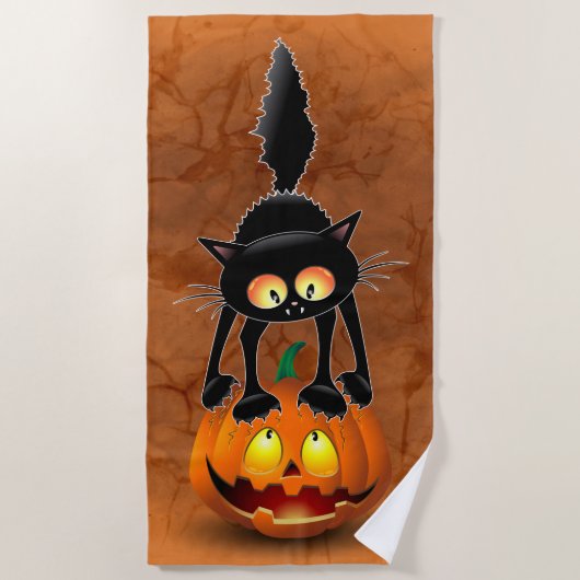 Serviette De Plage Dessin d'Halloween au chat effrayé sur Citrouille (Devant)