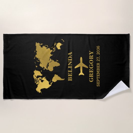 Serviette De Plage Destination Wedding World Passport Black Gold (Devant)