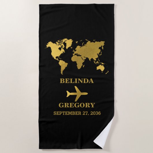 Serviette De Plage Destination Wedding World Passport Black Gold (Devant)