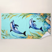 Serviette De Plage Deux dauphins Aquarelle tropicale Océan (Devant)