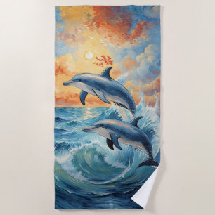 Serviette De Plage Deux dauphins de saut artistique Coucher de soleil