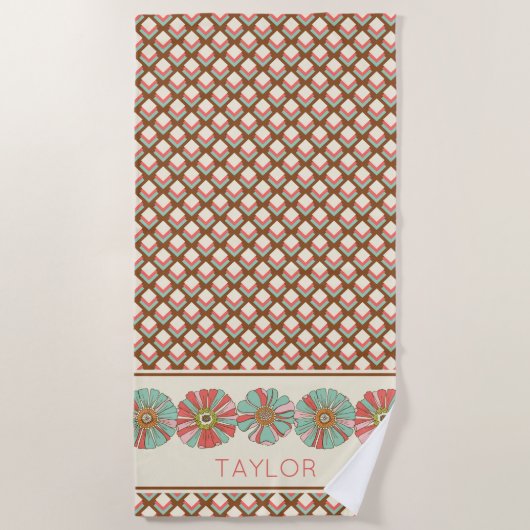 Serviette De Plage Diamants géométriques Turquoises roses Retro Flora (Devant)