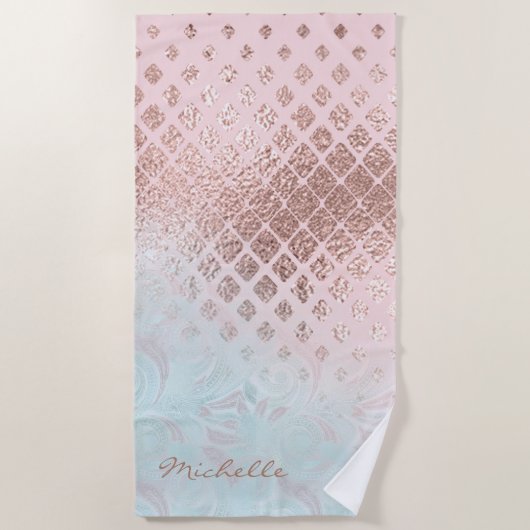Serviette De Plage Diamants Rose Gold Foil et poudre Blue ID400 (Devant)