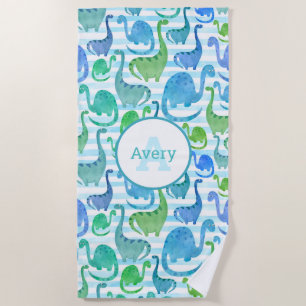 Serviette De Plage Dino Stripe Aquarelle Dinosaures Personnalisé