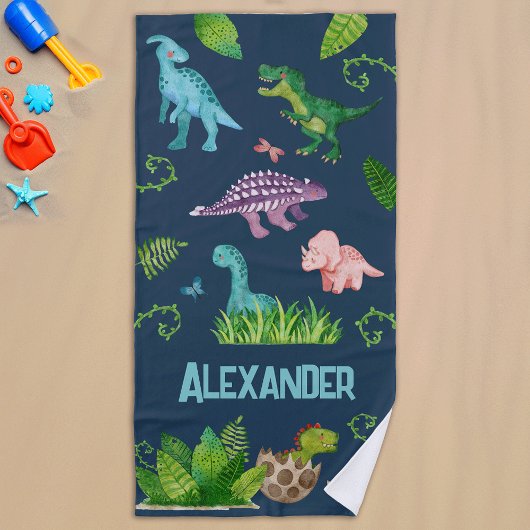 Serviette De Plage Dinosaure aquarelle avec nom enfant
