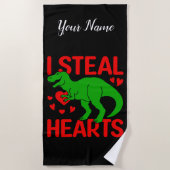 Serviette De Plage Dinosaure Vert Valentine I Voler Coeurs (Devant)