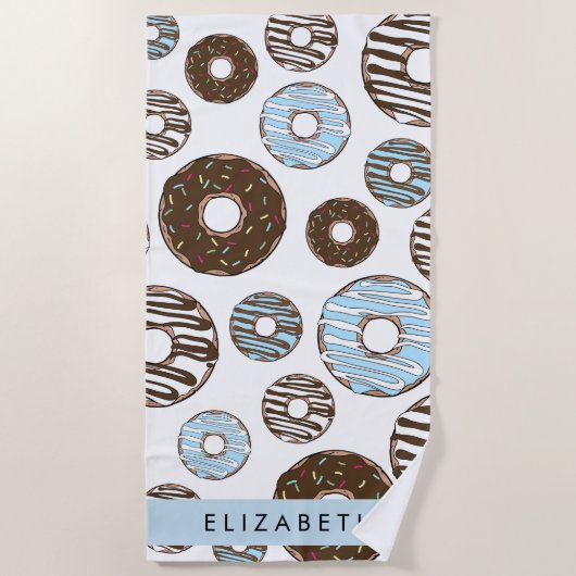 Serviette De Plage Donuts Bleus, Donuts Brown, Sprinkings, Votre Nom (Devant)