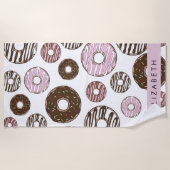 Serviette De Plage Donuts Roses, Donuts Brown, Sprinkings, Votre Nom (Devant)