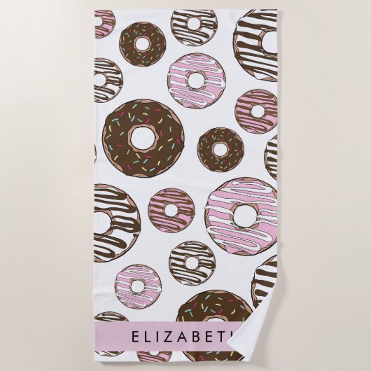 Serviette De Plage Donuts Roses, Donuts Brown, Sprinkings, Votre Nom (Devant)