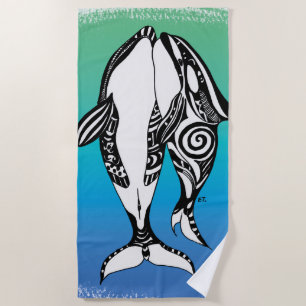 Serviette De Plage Doodle Tribal de deux Orca Killer Whales Turquoise