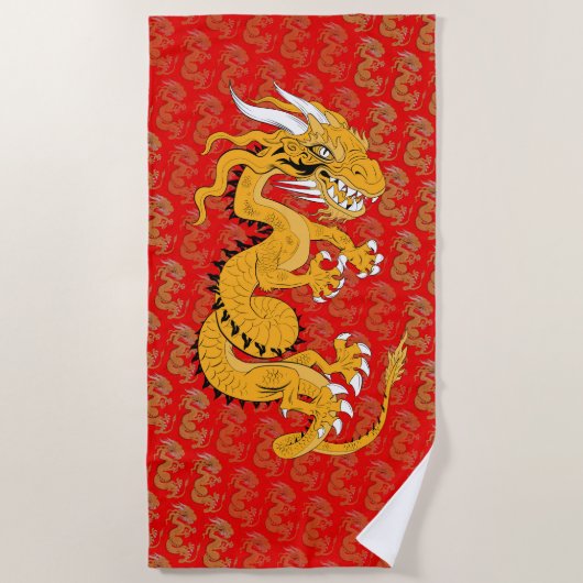 Serviette De Plage Dragon d'or sur Red Beach Towel (Devant)